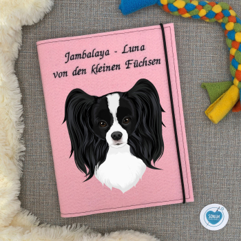 Dokumentenhülle Hund hellrosa Designbeispiel Papillon schwarz weiß